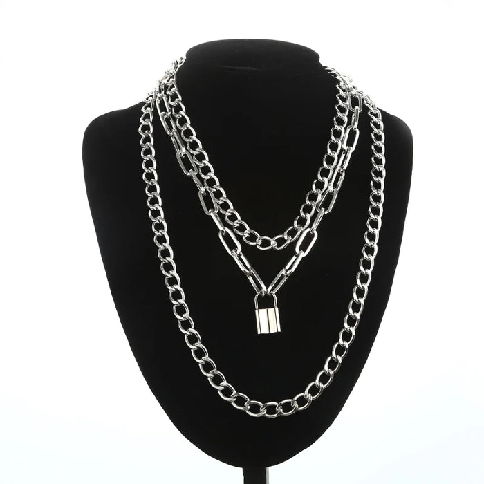 Layered Lock Chain Choker Necklace for Women – Y2K Goth Grunge Aesthetic