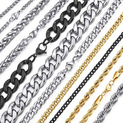 Stainless Steel Curb Cuban Link Chain Necklace for Men/Women – Gold, Silver & Black