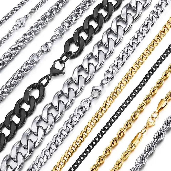 Stainless Steel Curb Cuban Link Chain Necklace for Men/Women – Gold, Silver & Black
