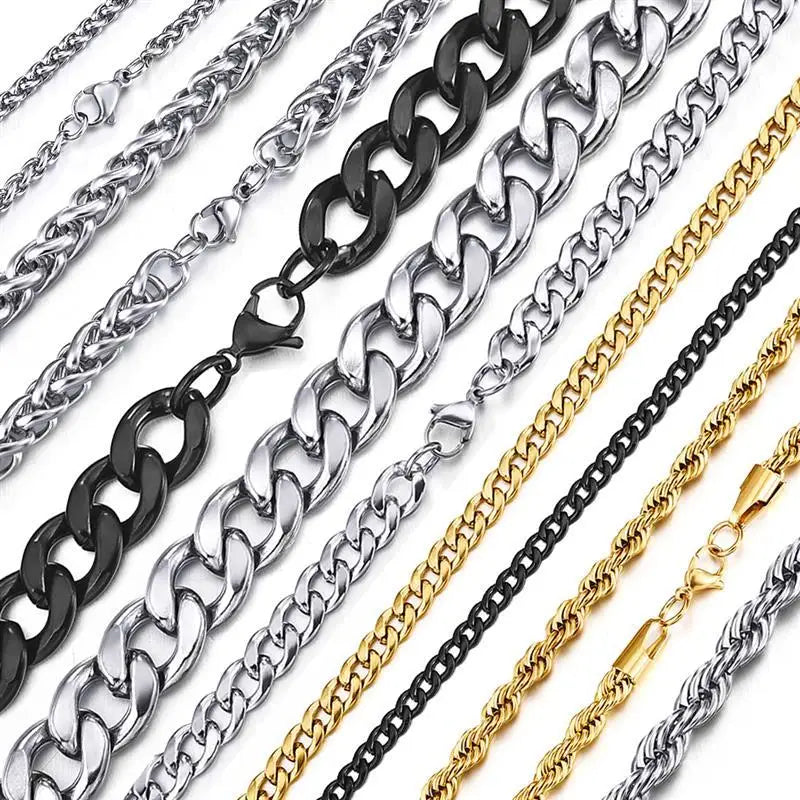 Stainless Steel Curb Cuban Link Chain Necklace for Men/Women – Gold, Silver & Black