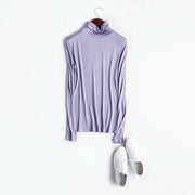 100% Mulberry Silk Turtleneck Long Sleeve Top for Women – Slim Fit Solid Bottoming Shirt