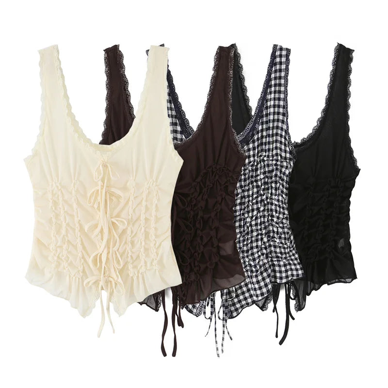 Bow Pleated Satin Vest Top for Women – Elegant Chic Vacation Style