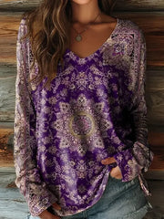 Floral Graphic Long Sleeve Top for Women – Vintage V-Neck Pullover
