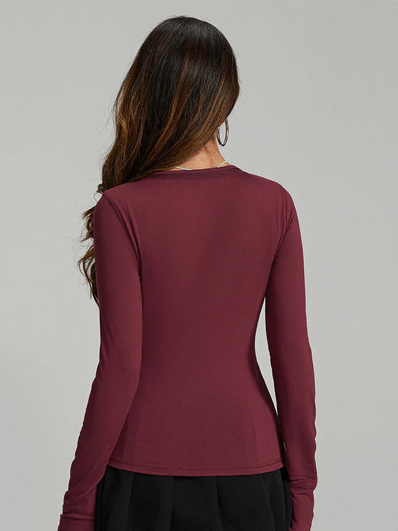 Slim Fit V-Neck Long Sleeve Top for Women – Bodycon & Soft Stretch