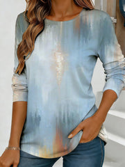 Abstract Watercolor Floral Print Long Sleeve Top for Women – Loose Round Neck Casual Streetwear