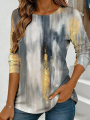 Abstract Watercolor Floral Print Long Sleeve Top for Women – Loose Round Neck Casual Streetwear