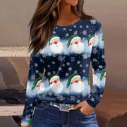 Christmas 3D Santa Claus Print Long Sleeve T-Shirt for Women – Festive Round Neck Top