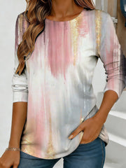 Abstract Watercolor Floral Print Long Sleeve Top for Women – Loose Round Neck Casual Streetwear