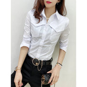 Button-Up Office Lady Blouse for Women – Long Sleeve Pockets Top