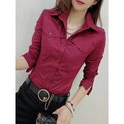 Button-Up Office Lady Blouse for Women – Long Sleeve Pockets Top