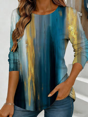 Abstract Watercolor Floral Print Long Sleeve Top for Women – Loose Round Neck Casual Streetwear