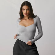 Square Neckline Long Sleeve Slim Top for Women – Y2K Sexy Casual Tee