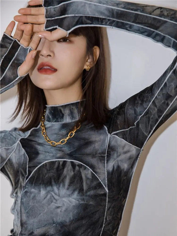 Tie Dye Turtleneck Long Sleeve Top for Women – Bodycon & Slim Fit