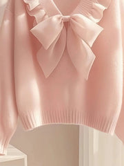 Sweet Bow V-Neck Ruffle Knit Pullover for Women – Y2K Loose Long Sleeve Sweater