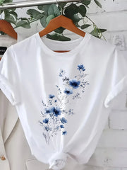 Blue Floral Print Crew Neck T-Shirt for Women – Casual Short Sleeve Spring Summer Top