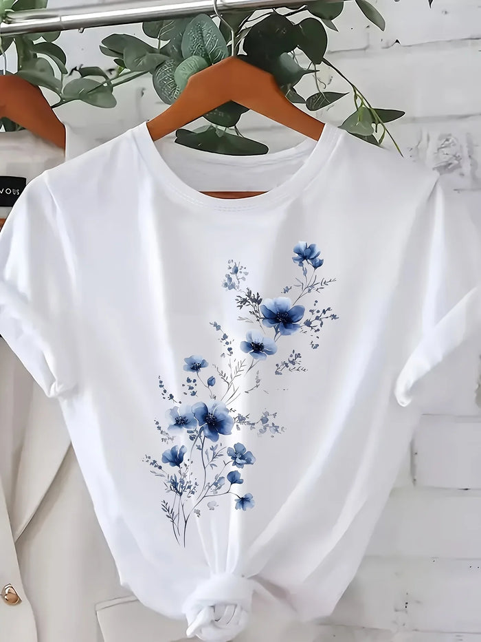 Blue Floral Print Crew Neck T-Shirt for Women – Casual Short Sleeve Spring Summer Top