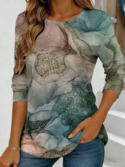 Abstract Watercolor Floral Print Long Sleeve Top for Women – Loose Round Neck Casual Streetwear
