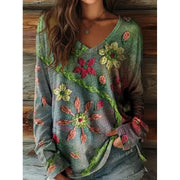 Floral Graphic Long Sleeve Top for Women – Vintage V-Neck Pullover
