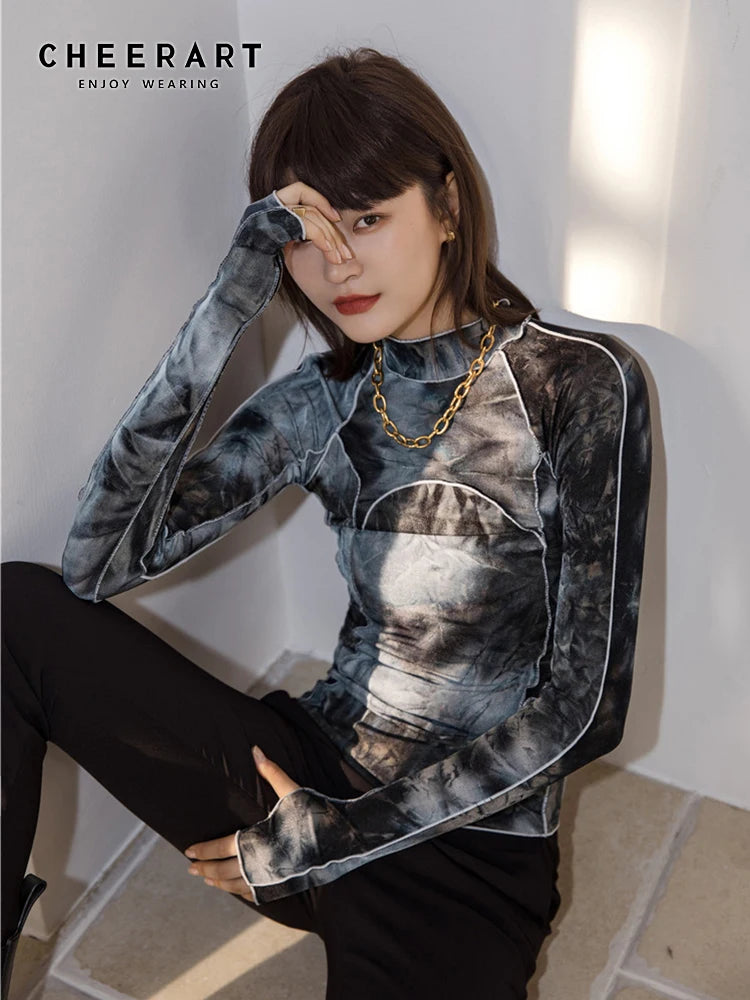 Tie Dye Turtleneck Long Sleeve Top for Women – Bodycon & Slim Fit
