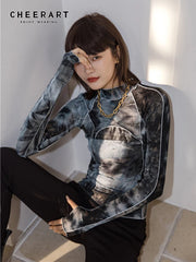 Tie Dye Turtleneck Long Sleeve Top for Women – Bodycon & Slim Fit