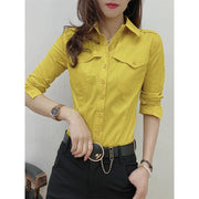 Button-Up Office Lady Blouse for Women – Long Sleeve Pockets Top