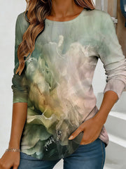 Abstract Watercolor Floral Print Long Sleeve Top for Women – Loose Round Neck Casual Streetwear