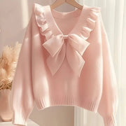 Sweet Bow V-Neck Ruffle Knit Pullover for Women – Y2K Loose Long Sleeve Sweater