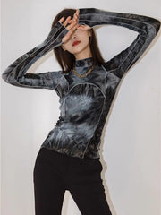 Tie Dye Turtleneck Long Sleeve Top for Women – Bodycon & Slim Fit