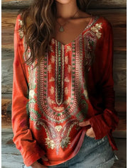 Floral Graphic Long Sleeve Top for Women – Vintage V-Neck Pullover