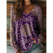 Floral Graphic Long Sleeve Top for Women – Vintage V-Neck Pullover