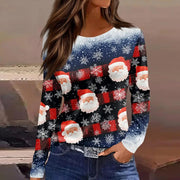 Christmas 3D Santa Claus Print Long Sleeve T-Shirt for Women – Festive Round Neck Top