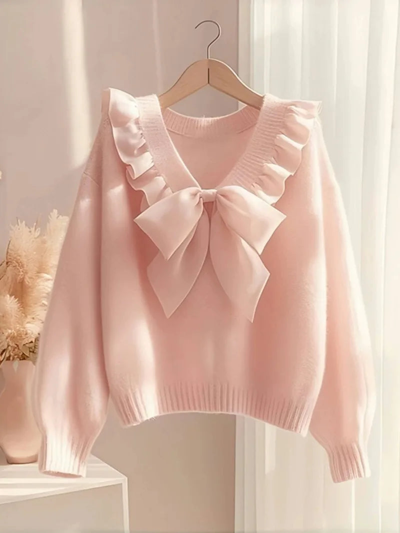 Sweet Bow V-Neck Ruffle Knit Pullover for Women – Y2K Loose Long Sleeve Sweater