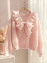 Sweet Bow V-Neck Ruffle Knit Pullover for Women – Y2K Loose Long Sleeve Sweater