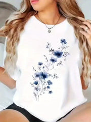 Blue Floral Print Crew Neck T-Shirt for Women – Casual Short Sleeve Spring Summer Top