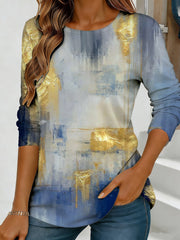 Abstract Watercolor Floral Print Long Sleeve Top for Women – Loose Round Neck Casual Streetwear
