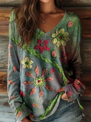 Floral Graphic Long Sleeve Top for Women – Vintage V-Neck Pullover