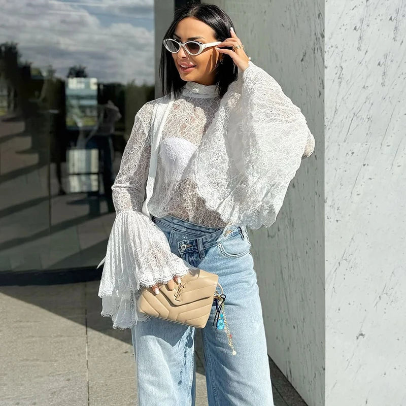 Lace Ruffled Flare Sleeve Top for Women – Elegant Office Lady Blouse