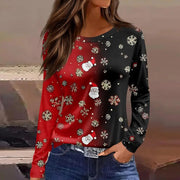 Christmas 3D Santa Claus Print Long Sleeve T-Shirt for Women – Festive Round Neck Top