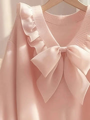 Sweet Bow V-Neck Ruffle Knit Pullover for Women – Y2K Loose Long Sleeve Sweater
