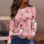 Christmas 3D Santa Claus Print Long Sleeve T-Shirt for Women – Festive Round Neck Top
