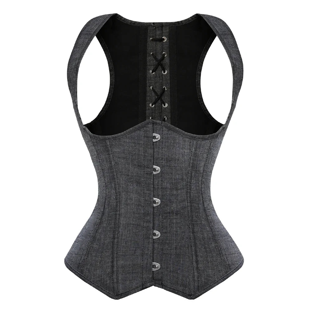 Women's Denim Underbust Corset Top | Waist Cincher Bustier with Shoulder Straps | Plus Size S–6XL