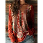 Floral Graphic Long Sleeve Top for Women – Vintage V-Neck Pullover