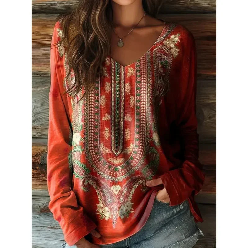Floral Graphic Long Sleeve Top for Women – Vintage V-Neck Pullover