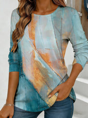 Abstract Watercolor Floral Print Long Sleeve Top for Women – Loose Round Neck Casual Streetwear