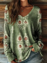 Floral Graphic Long Sleeve Top for Women – Vintage V-Neck Pullover