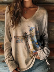 Floral Graphic Long Sleeve Top for Women – Vintage V-Neck Pullover