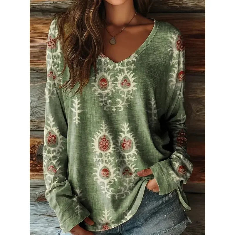 Floral Graphic Long Sleeve Top for Women – Vintage V-Neck Pullover