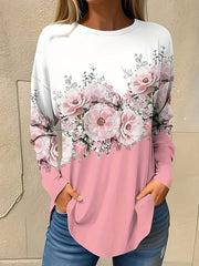 3D Floral Print Long Sleeve T-Shirt for Women – Casual Street Style Warm Top