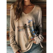 Floral Graphic Long Sleeve Top for Women – Vintage V-Neck Pullover