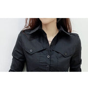 Button-Up Office Lady Blouse for Women – Long Sleeve Pockets Top